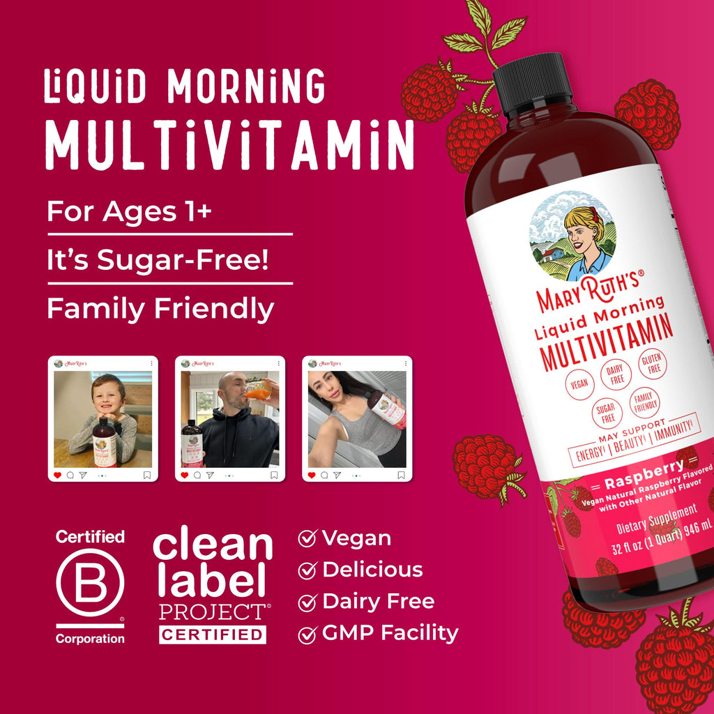 MARYRUTH'S Liquid Morning Multivitamin for Women, Men & Kids | Vitamin A C D E B6 B12 Biotin Zinc | Beauty | Vegan | Non-GMO | Gluten Free | 16 Servings