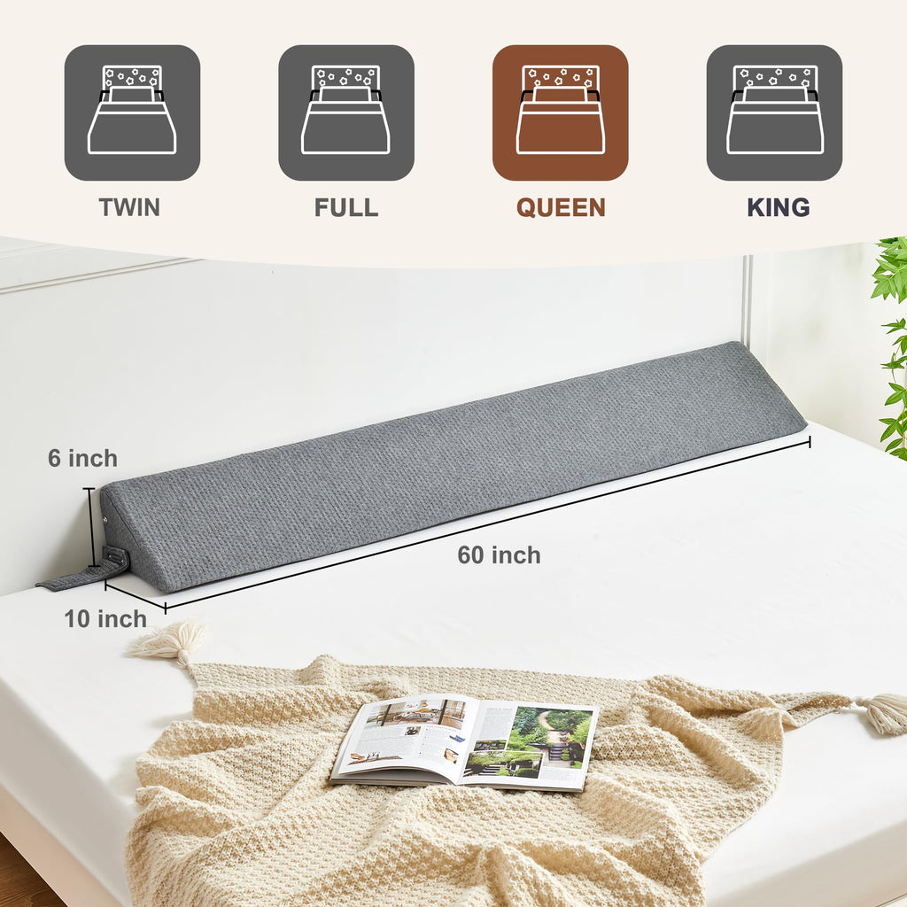 IFNOW Queen Size(60"x6"x10") Bed Wedge Pillow for Headboard, Mattress Gap Filler(0-8"), Bed Wedge for Gap Between Your Headboard and Mattress Dark Grey
