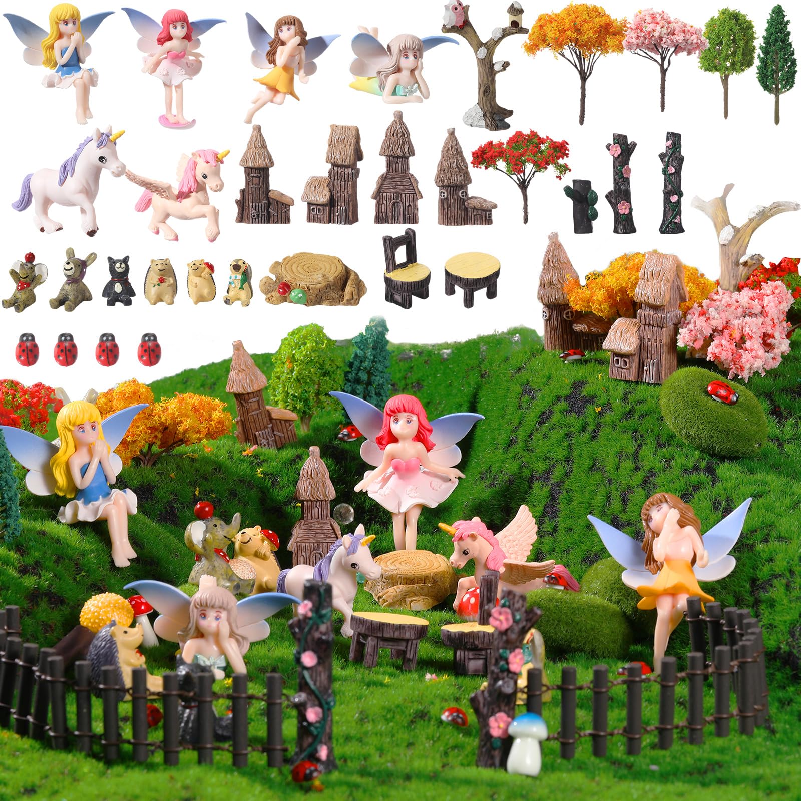 58 Pcs Miniature Garden Set Flower Angel Fairy House Animals Trees Diorama Supplies Fairy Village Mini Terrarium Figurines Micro Landscape Ornaments for DIY Garden Decor Succulent Dollhouse Craft