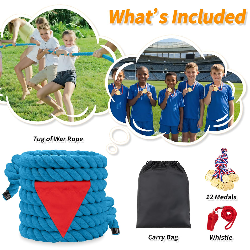HOKINETY Tug of War Rope for Kids & Adults - 65ft Soft Cotton Outdoor Pulling Rope with Flag for Team Building Activities Field Day Family Reunions Birthday Parties Camping Games - Blue