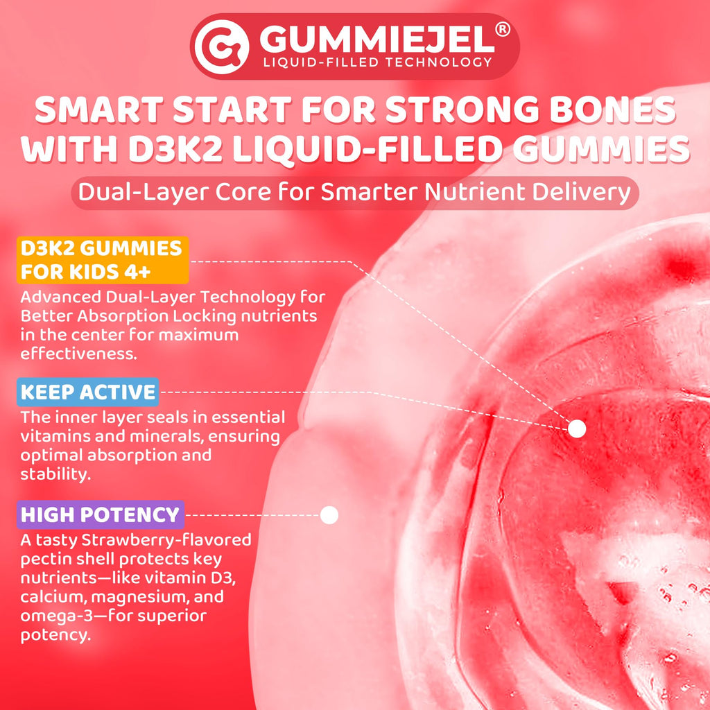 Vitamin D3 K2 + Calcium Liquid-filled Gummies for Kids & Teens, 1000IU/2000IU D3 with Magnesium, Algal Omega 3, Vitamin for Kids for Bones & Teeth, Calcium Absorption, Brain, Immunity,Sugar-Free,2Pack