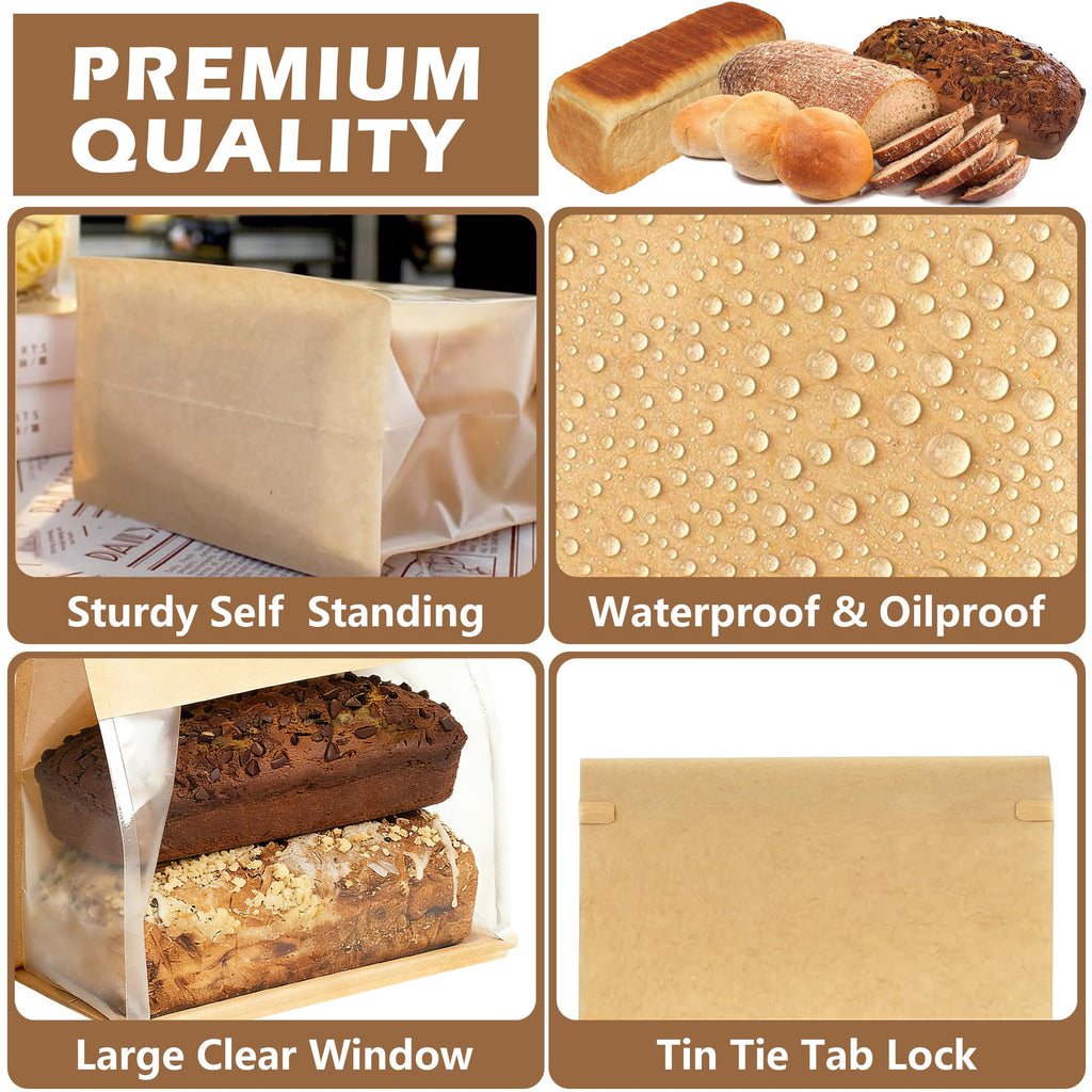 100 Pack Extra Large Paper Bread Bags for Homemade Bread Sourdough Bags, 12.2x10.6x6.1 Inches Resealable Tin Tie Tab Lock Bakery Loaf Bag with Window, Baked Goods Packaging for Gifting and Bake Sale