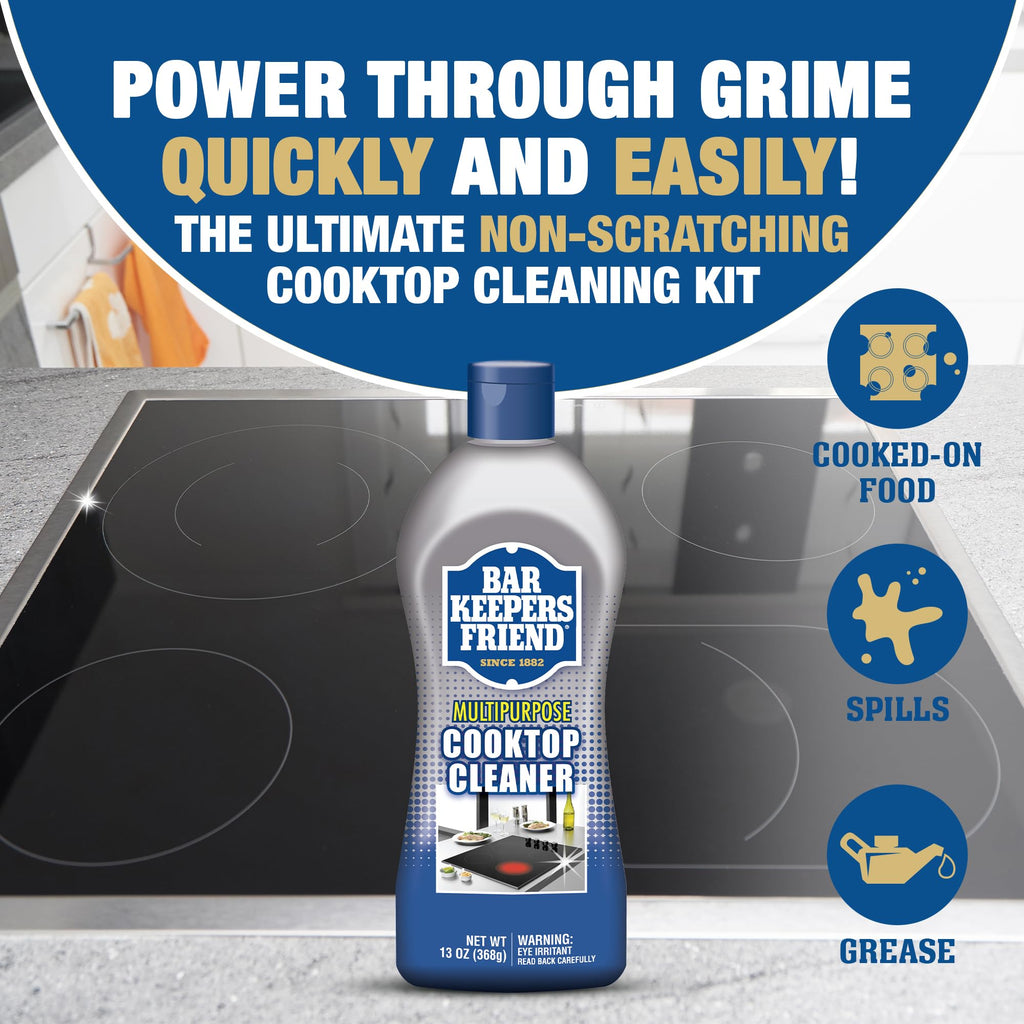 Bar Keepers Friend Cooktop Cleaner (13 oz) Multipurpose Liquid Stovetop Cleanser + Cookware Cleanser & Polish (12 oz) Stainless Steel Cleaner & Degreaser for Pots, Pans, Bakeware & Grills