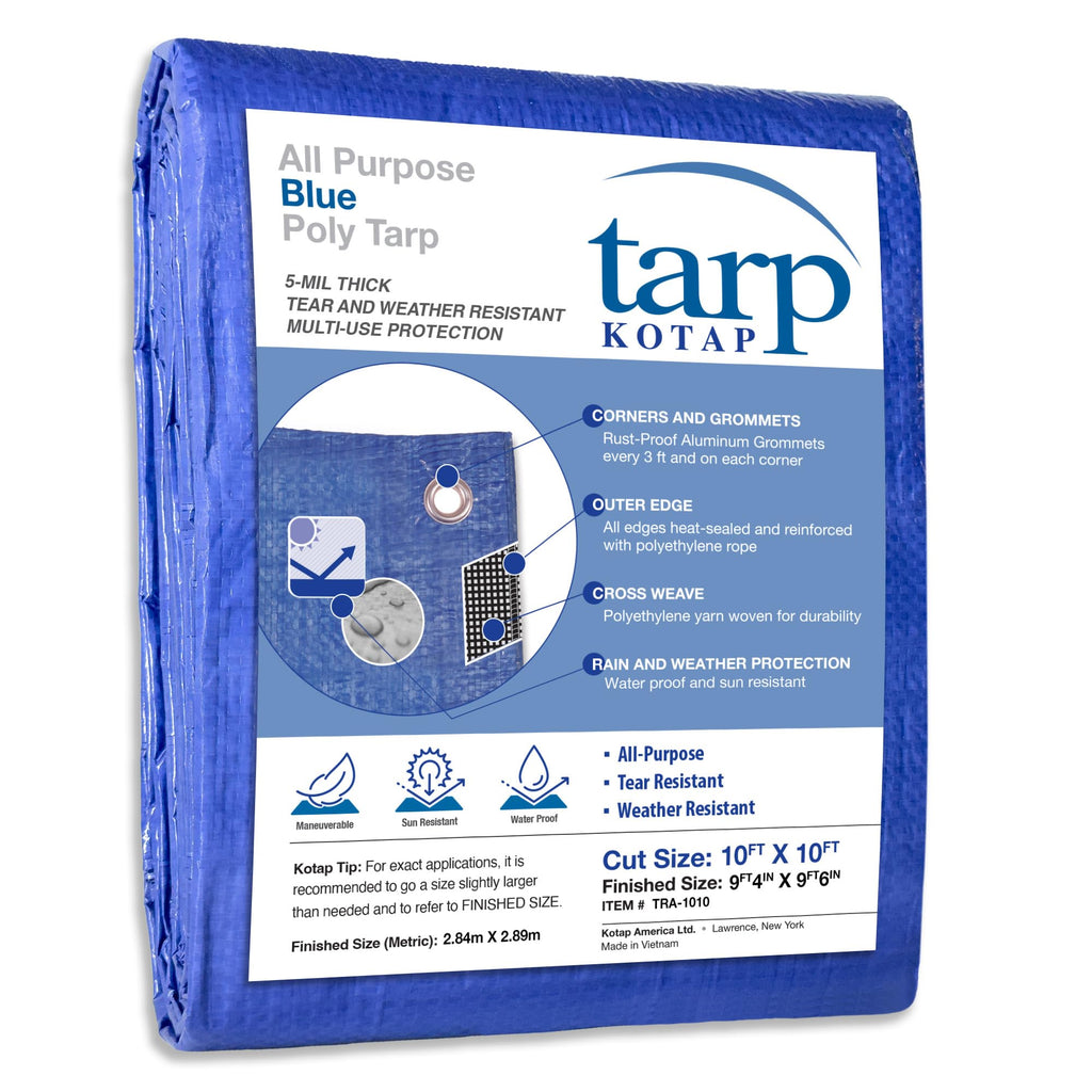 Kotap 10 x 10 Ft. All-Purpose Multi-Use Protection/Coverage 5-mil Poly Tarp, Waterproof, Blue, 1-Pack (TRA-1010)