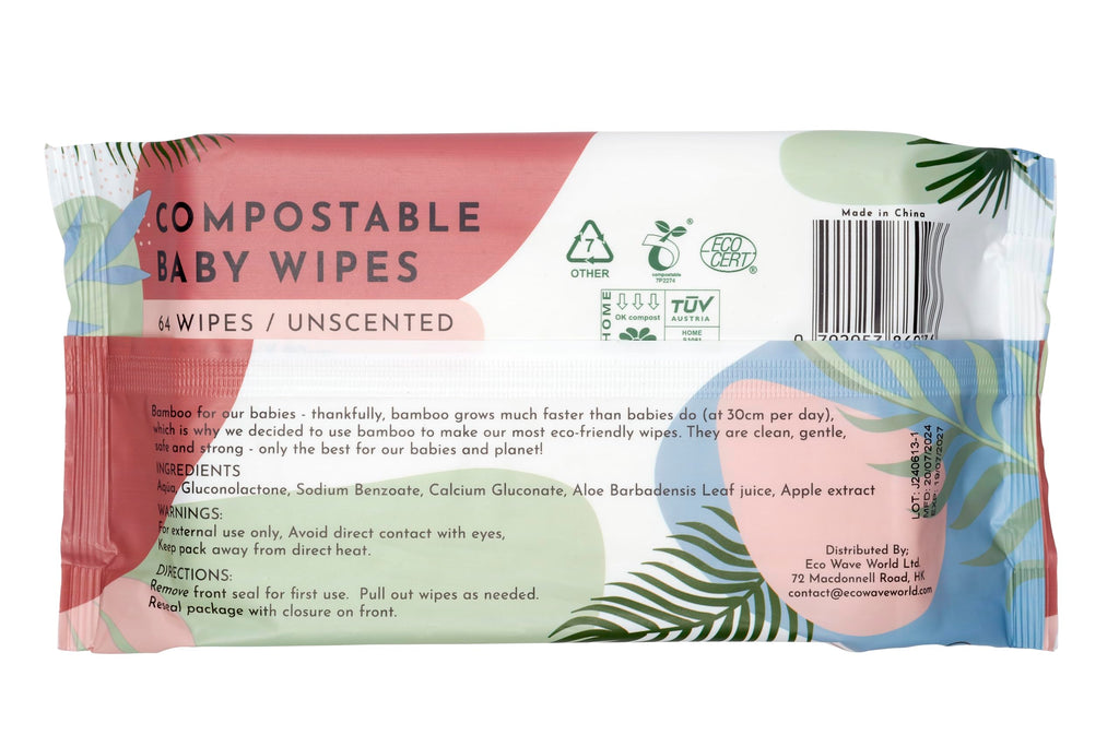 Eco Wave Baby Wipes, 100% Compostable Eco-Friendly Bamboo Wipes, Unscented, Hypoallergenic, Vegan, Alcohol-Free, Suitable For Sensitive Skin (Pack of 12)