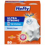 Hefty Ultra Strong 13 Gallon Trash Bags, Tall Kitchen Trash Bags 13 Gallon Size, Drawstring Closure, Continuous Odor Control, White, Unscented, 80 Bags