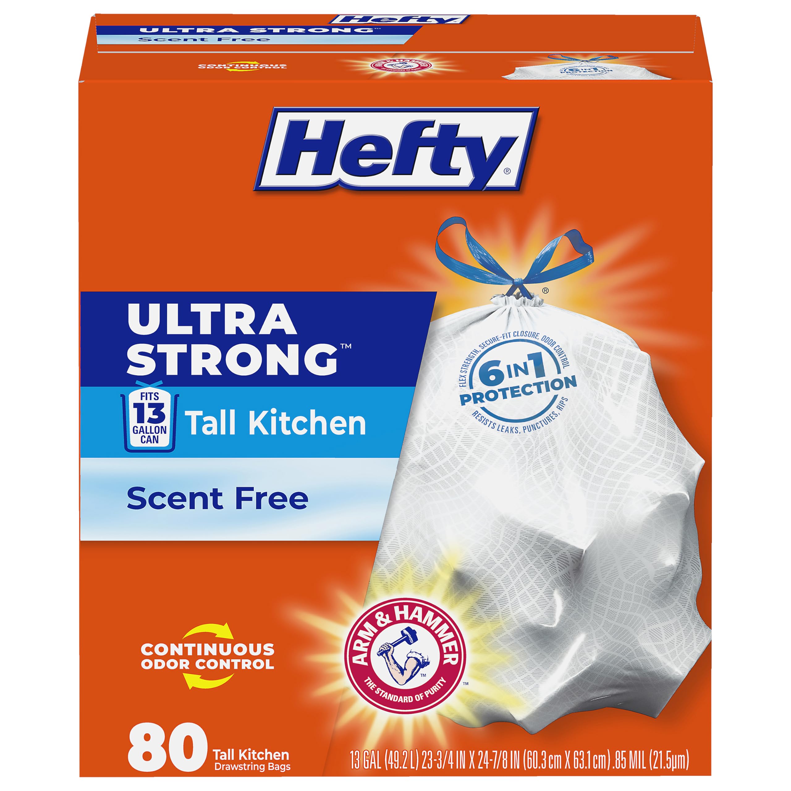Hefty Ultra Strong 13 Gallon Trash Bags, Tall Kitchen Trash Bags 13 Gallon Size, Drawstring Closure, Continuous Odor Control, White, Unscented, 80 Bags