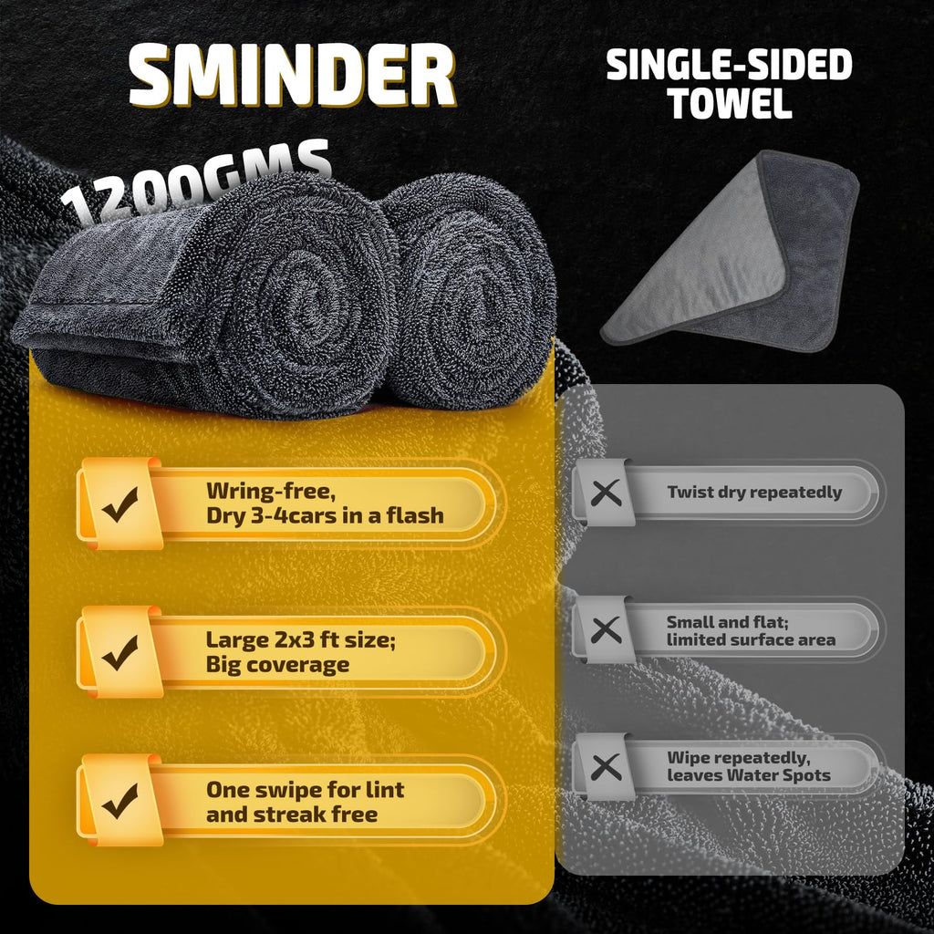 SMINDER 2-Pack 1200 GSM Car Drying Towels – Microfiber Towels for Cars (36" x 24"), Ultra-Absorbent, Streak-Free, Scratch-Free, No Water Spots, Double-Twist Pile & Edgeless Design