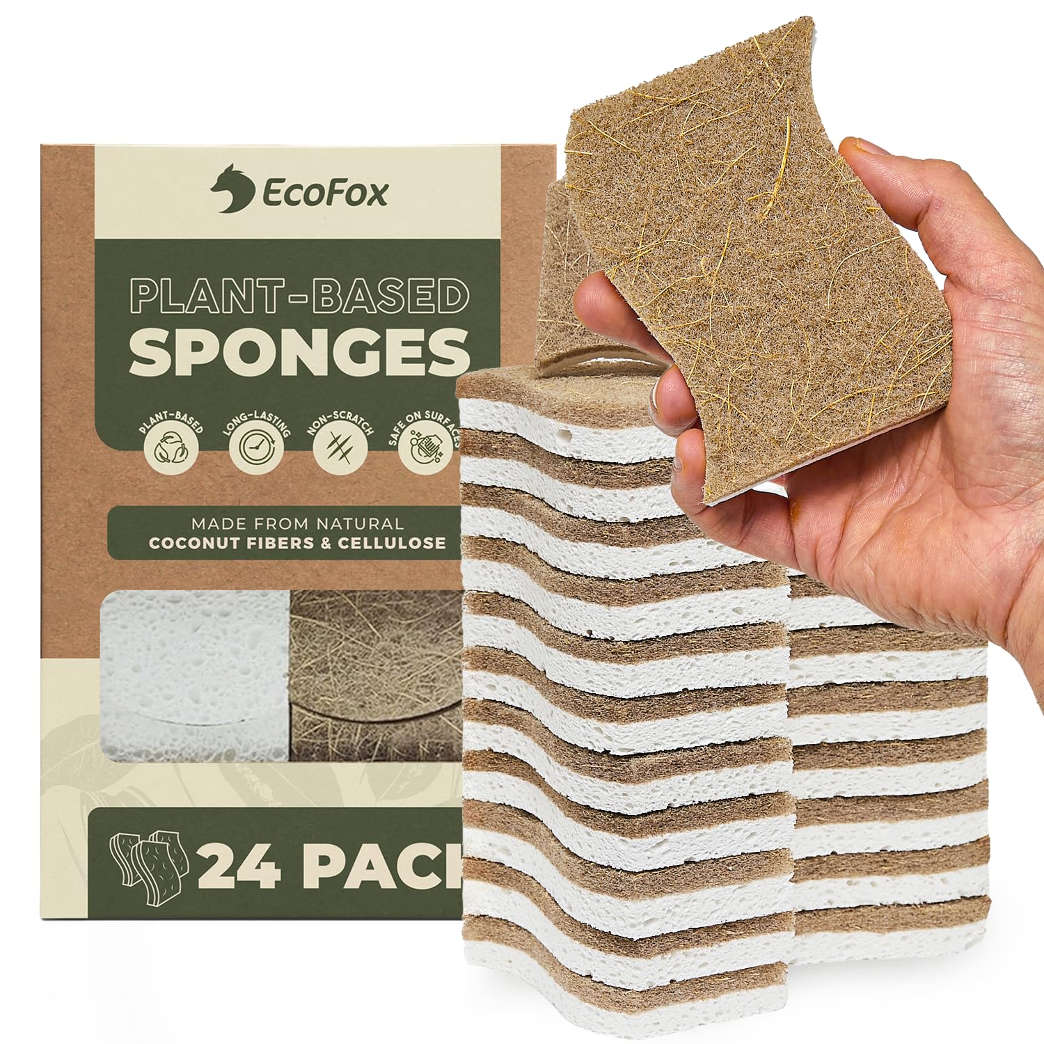 Plant-Based Kitchen Sponges (24 Pack) | FSC-Certified & PETA Approved | Natural Cellulose & Coconut Blend Scrubber Dish Sponges for Kitchen | S-Shaped Design | Eco-Friendly, Non-Scratch & Non-Toxic