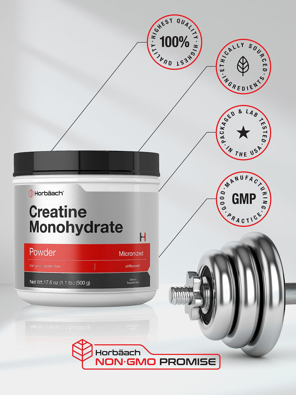 Horbäach Creatine Monohydrate Powder | 1.1lb (17.6 oz) | Micronized and Unflavored | Vegetarian, Non-GMO, and Gluten Free Supplement
