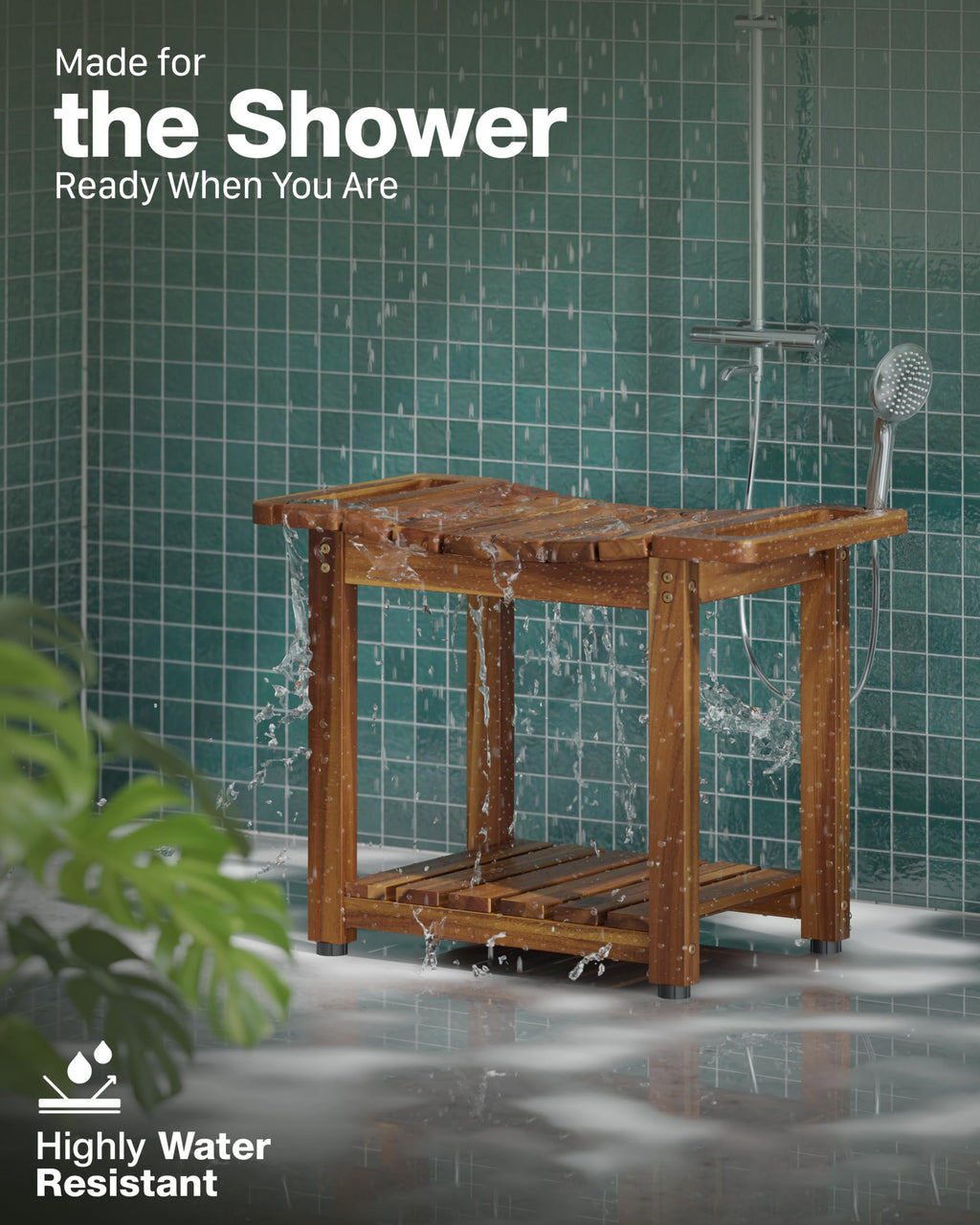 BLUEWEST Shower Bench Seat with Storage Shelf, Natural Wood Shower Benches for Inside Shower to Sit on, Waterproof Bathroom Spa Bench Stool for Legs Shaving with Built-in Handle & Shower Head Holder