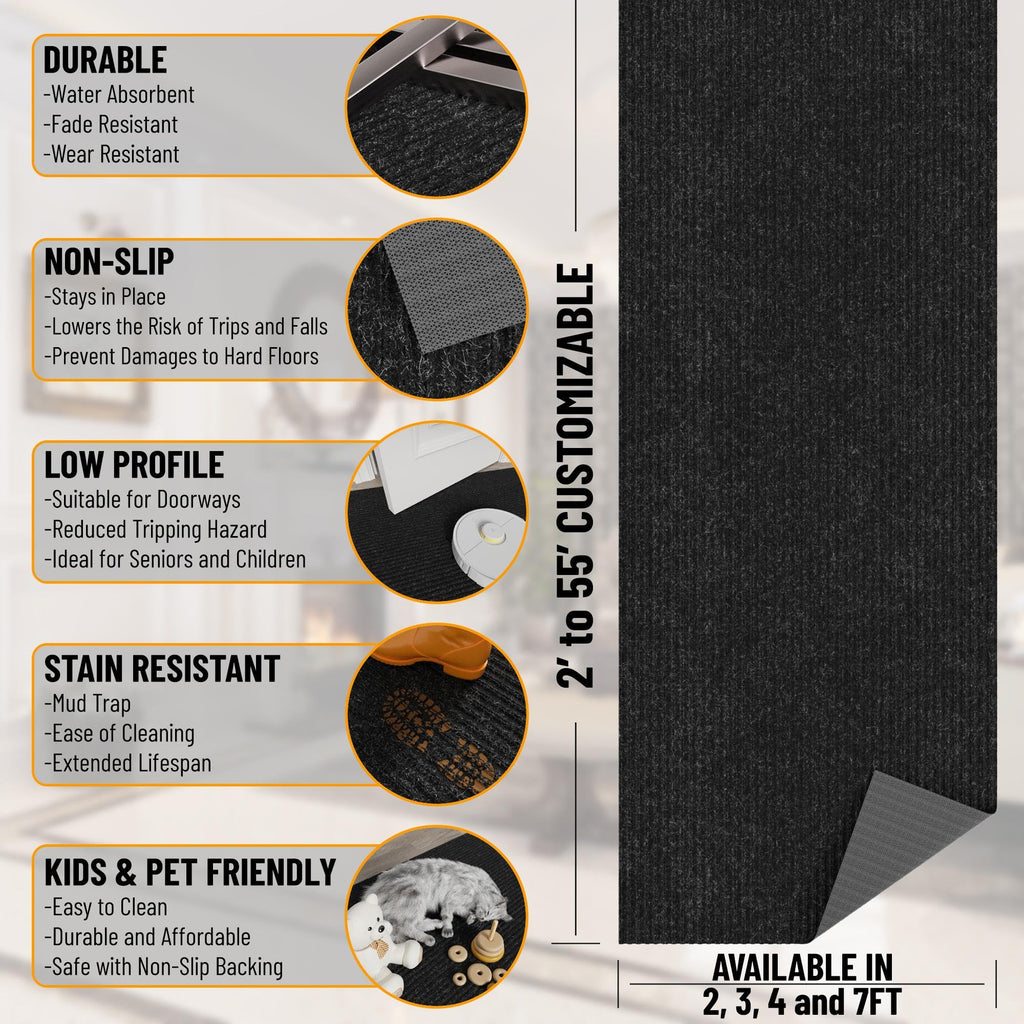 Ottomanson 2' x 5' Hallway Runner with Scraper Pile Extra Durable Non-Slip Rug Mat for Indoor & Outdoor Use - Ideal for Kitchen, Entryway, Patio & Garage - High-Traffic Carpet, Black