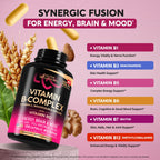 Vitamin B Complex for Men & Women - Made in USA - B-Complex: B1, B2, B3, B5, B6, B7, B8, B9, B12 with Vitamin C, Choline, Inositol - Energy, Brain & Heart Support Supplement, 120 Vegan Capsules