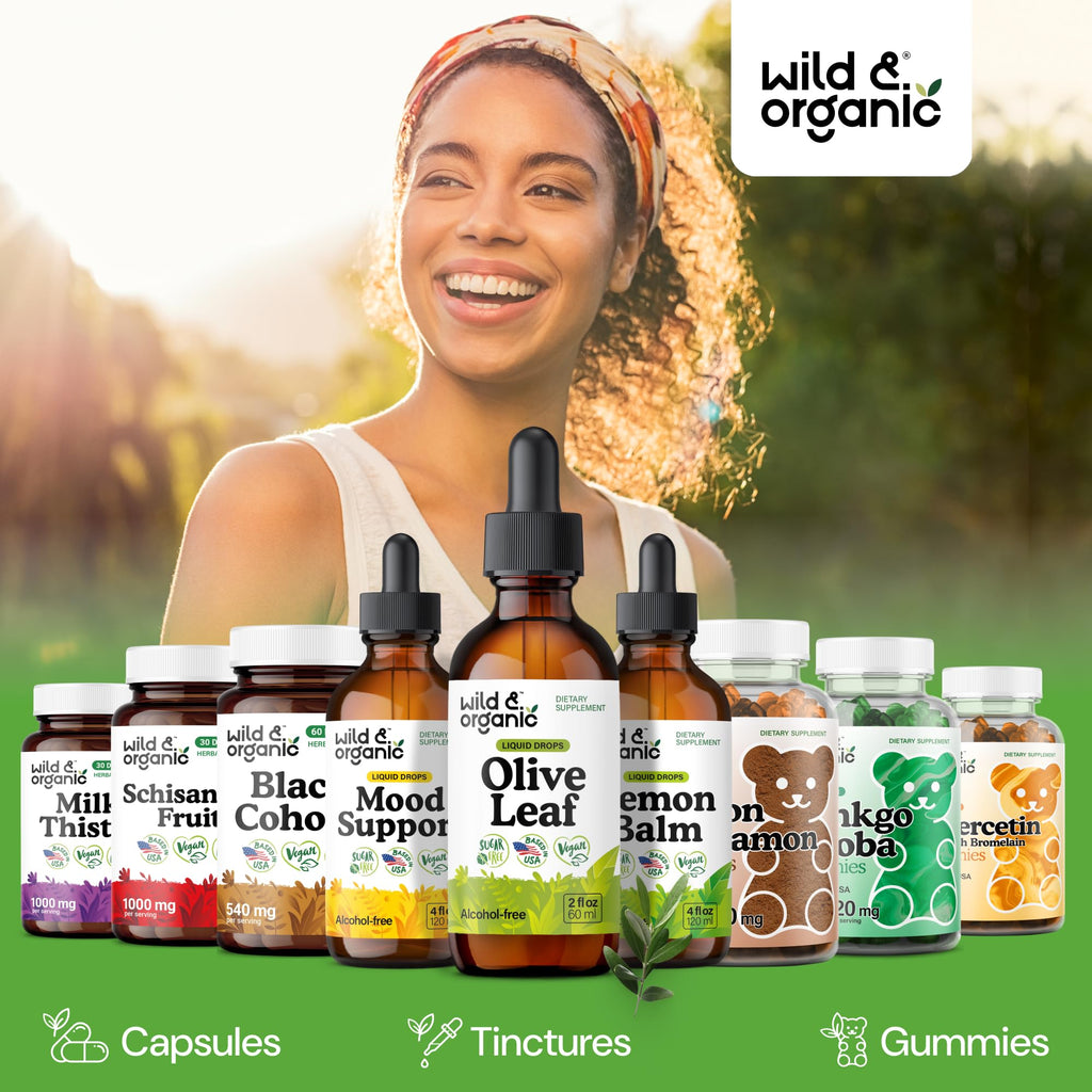 Wild & Organic Olive Leaf Extract Liquid Drops - Immune & Antioxidant Support - Oleuropein Olive Leaf Supplement - Add to Tea Tincture - Vegan, Sugar & Alcohol-Free - 2 fl oz
