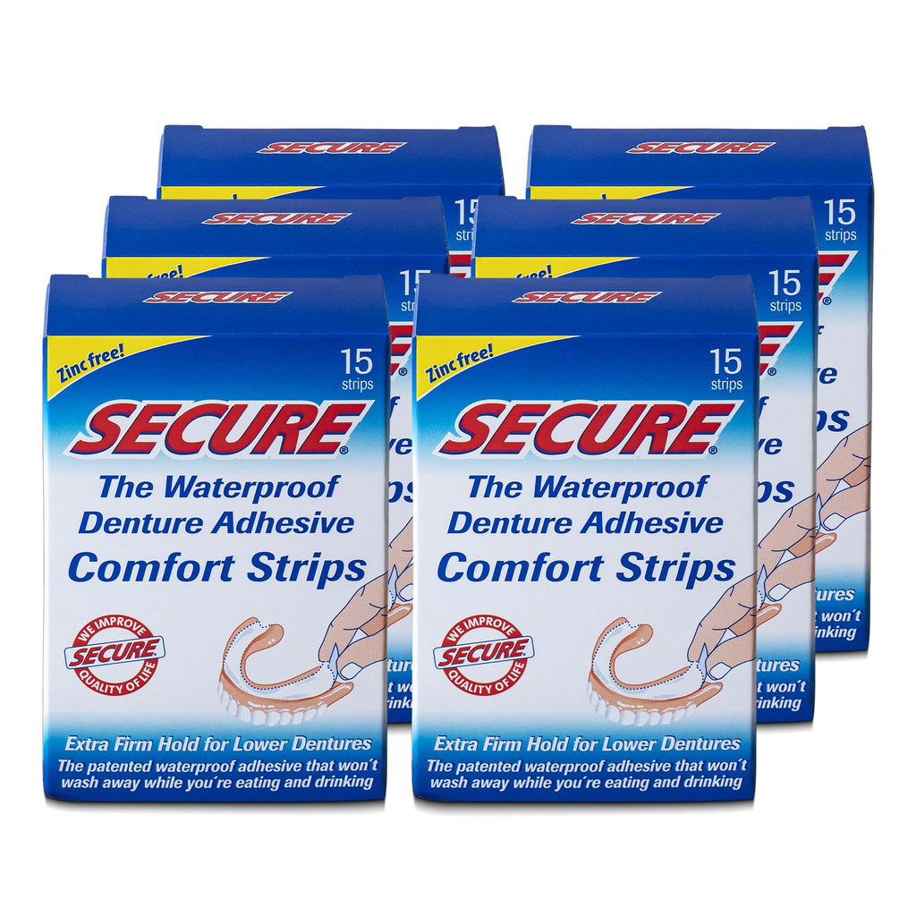 Secure Denture Adhesive Comfort Strips, 15 Strips (Pack of 6)