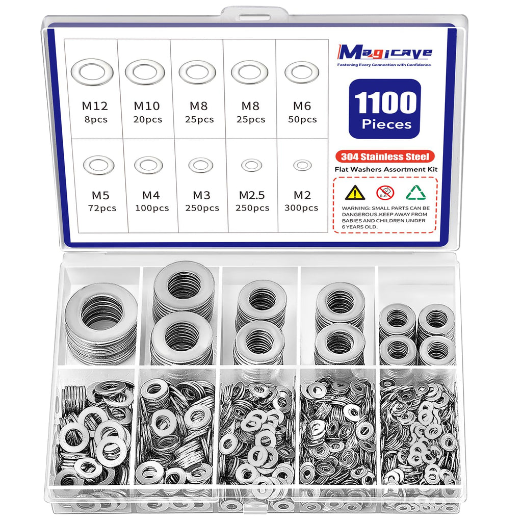 1100 Pcs Flat Washers Assortment Kit – 304 Stainless Steel, 9 Metric Sizes (M2–M12), Metal Washers for Screws and Bolts – Ideal for Automotive, Construction, Industrial, and DIY Use
