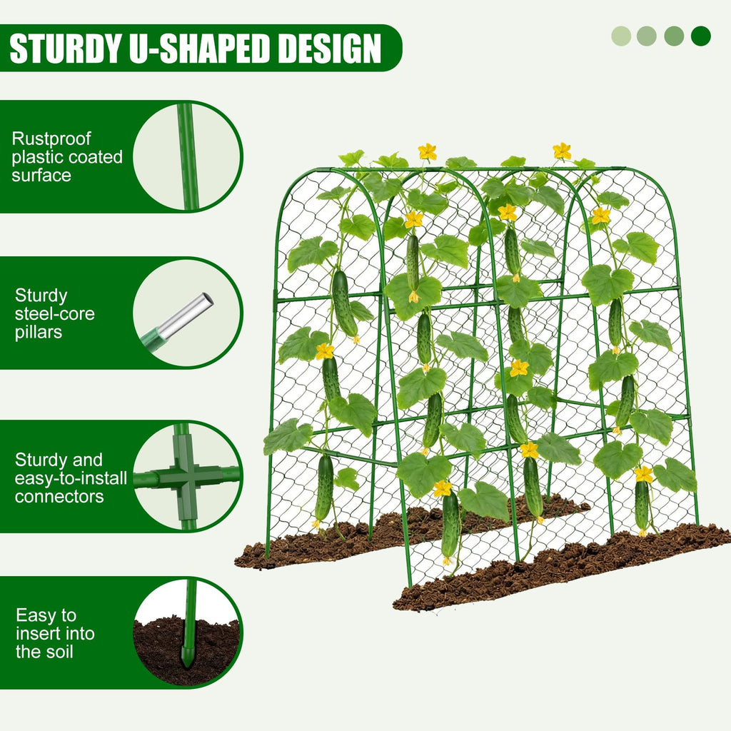 Amoskey Cucumber Trellis for Raised Beds, Cucumber Trellis for Climbing Plants Outdoor, with Garden Netting and Plant Clip, Metal Arch Garden Trellis Ideal for Cucumbers, Tomatoes, and Flowers