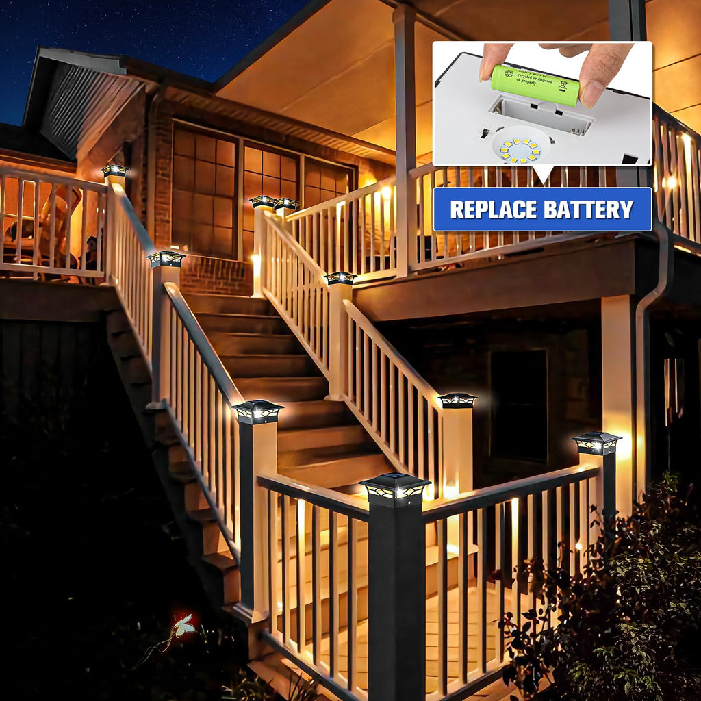 VOLISUN Solar Post Cap Lights: 2 - Pack Outdoor Deck Post Cap Lights Black for Dock Fence Waterproof 2 Color Modes,4x4/6x6 Wooden/Vinyl Posts