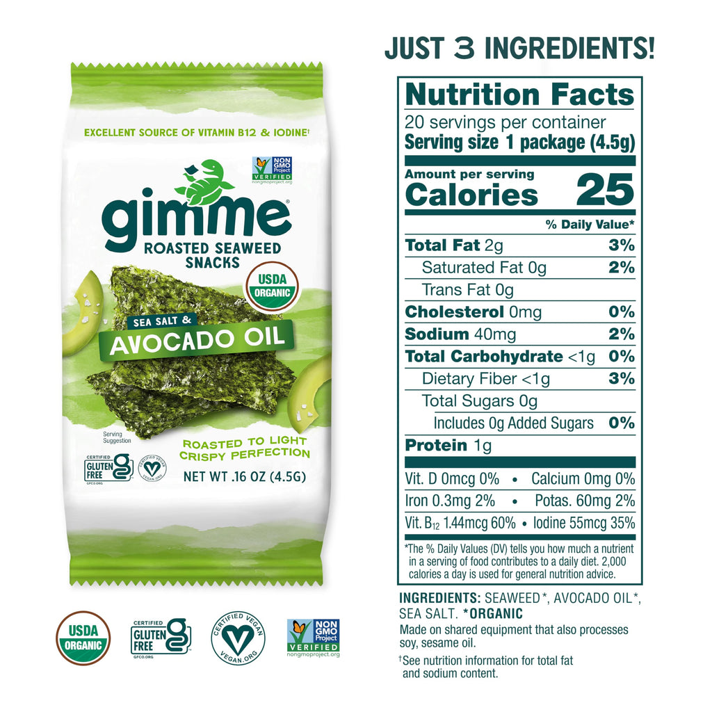 Gimme Seaweed Organic Seaweed Snack, Avocado & Sea Salt, .17oz, 20 Count