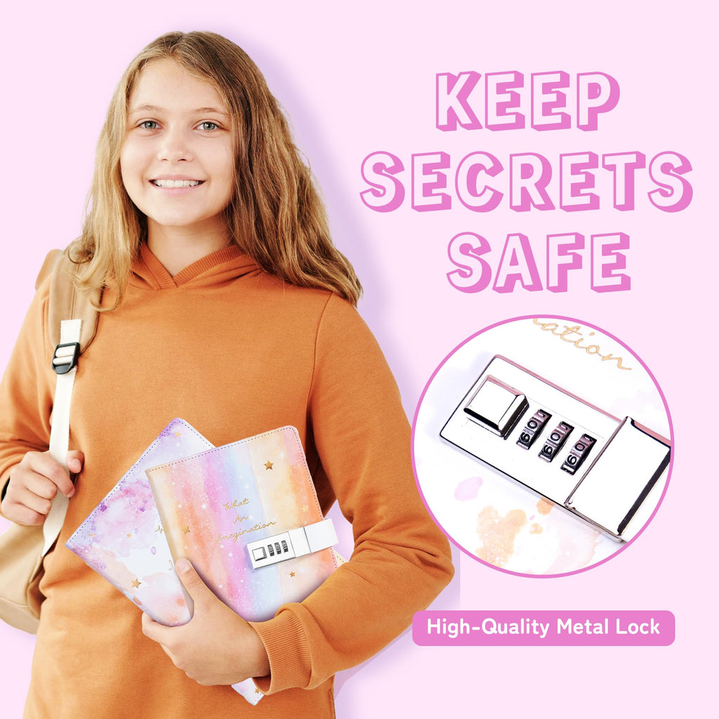 CAGIE Diary with Lock for Girls Age 8-12,Birthday Gifts for 9 10 11 12 Year Old Girls, Tie Dye Design 192 Pages Diary with Pen, 5.7 x 8.5 Inch Journal with Lock for Women Girl,Purple