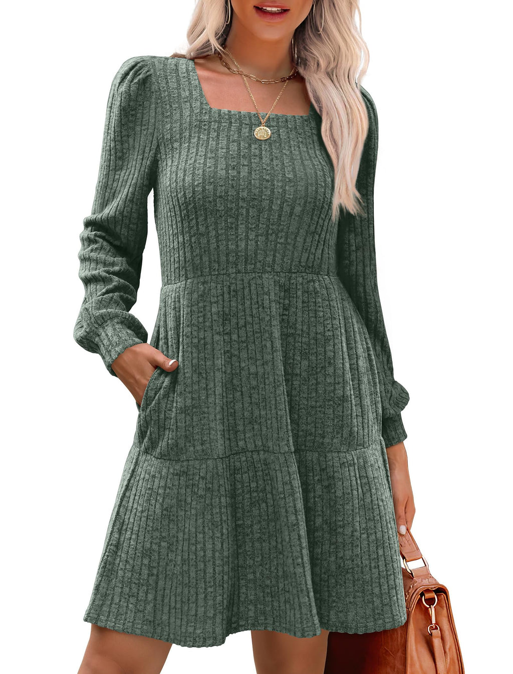 Womens Dresses Fall Fashion Square Neck Christmas Long Sleeve Spring Maternity Statement Holiday Dress with Pockets Winter Clothing Cowboy Chic 2026 Green M
