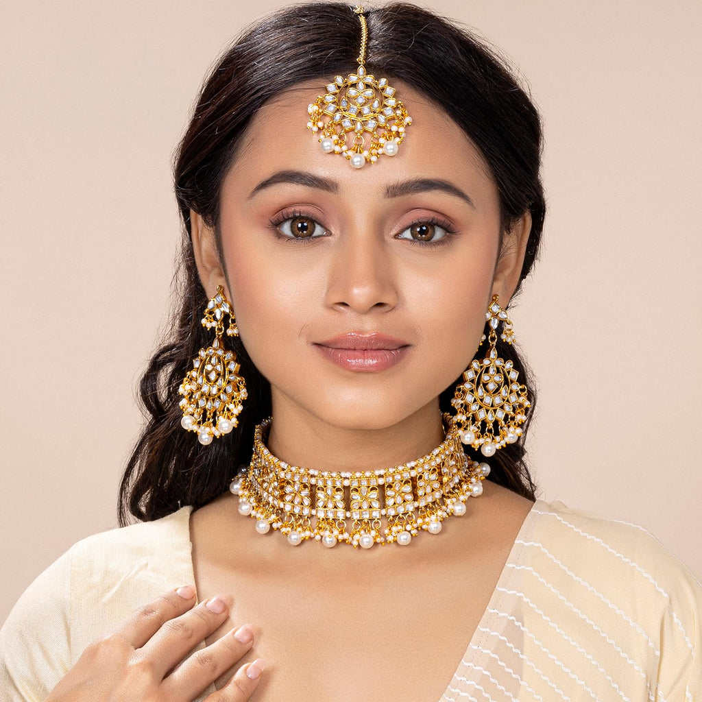 Aheli Indian Faux Kundan Studded Choker Necklace with Maang Tikka Earrings Ethnic Wedding Festive Fashion Bharatanatyam jewellery set Gift for Women