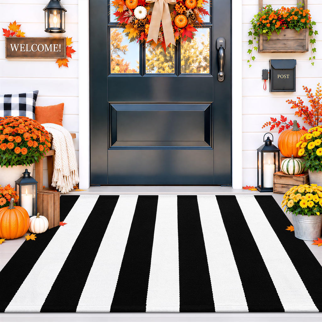 OLANLY Fall Door Mat, Black and White Striped Halloween Rug, 2'4" x 3'7"