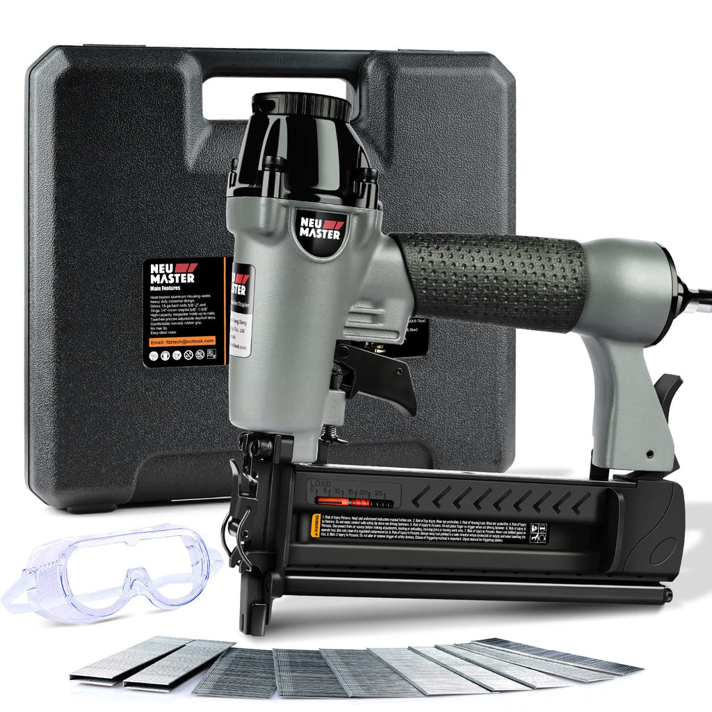 NEU Master Pneumatic Brad Nailer, 2 in 1 Nail Gun/Staple Gun Works with Air Compressor(Not Included), 18 Gauge 2 Inch Brad Nails and Crown 1-5/8 inch Staples with Carrying Case and Safety Glasses