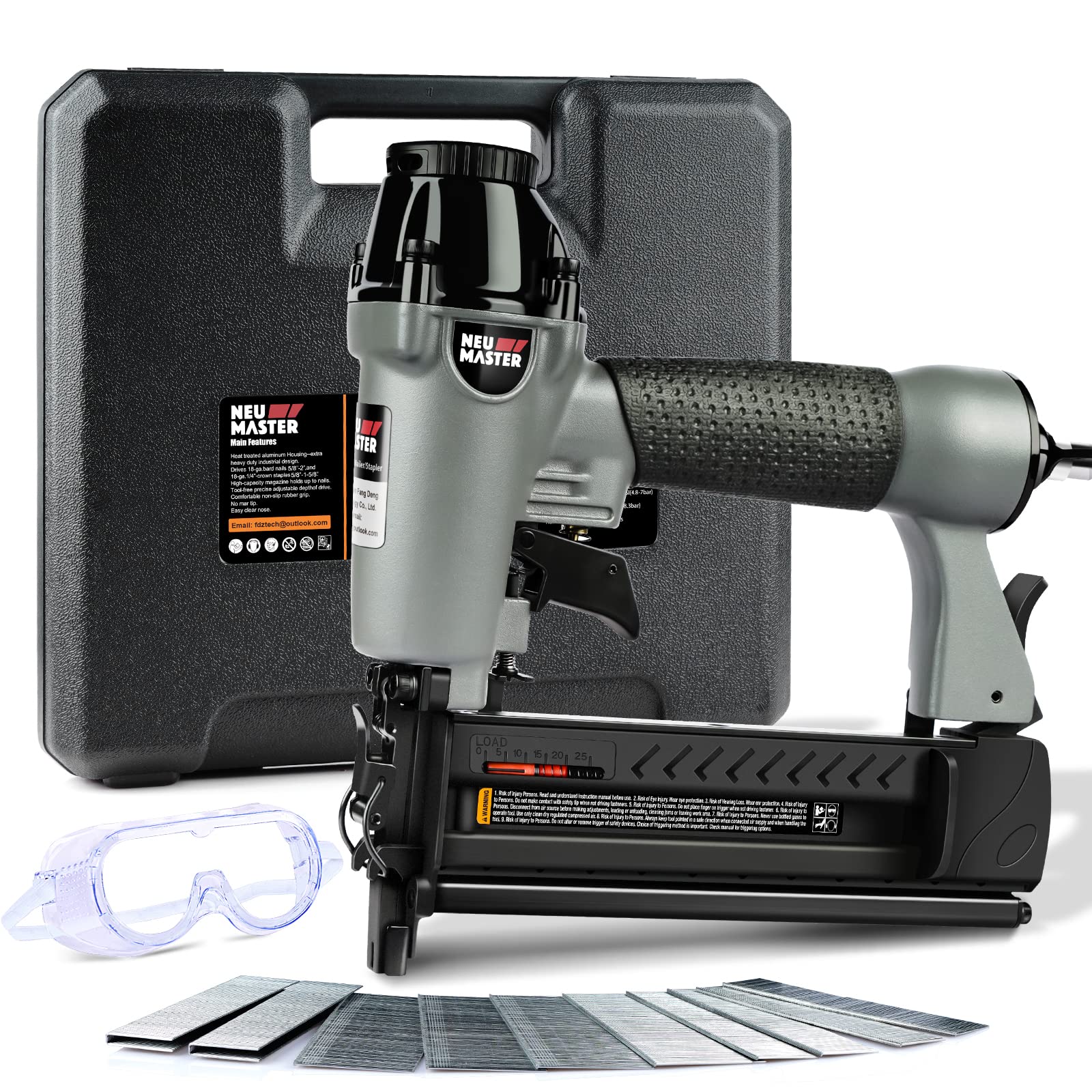 NEU Master Pneumatic Brad Nailer, 2 in 1 Nail Gun/Staple Gun Works with Air Compressor(Not Included), 18 Gauge 2 Inch Brad Nails and Crown 1-5/8 inch Staples with Carrying Case and Safety Glasses