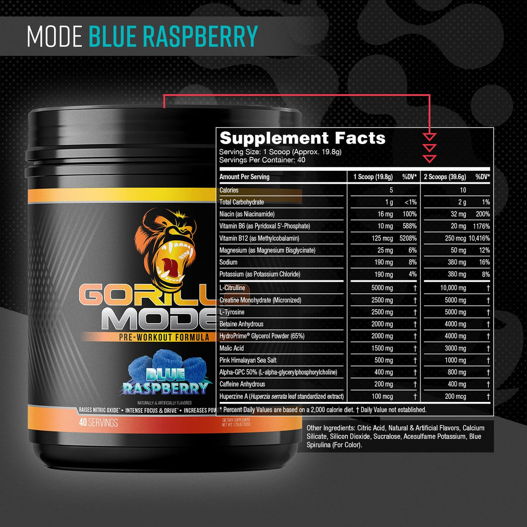 Gorilla Mode Pre Workout - Massive Pumps Laser Focus Energy Power - L-Citrulline, Creatine, L-Tyrosine, Betaine, Hydroprime, Alpha-GPC, 400mg Caffeine, Huperzine A - 792g (Blue Raspberry)