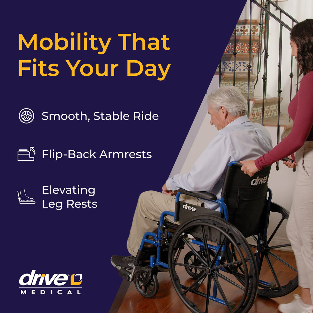 Drive Medical Blue Streak Lightweight Foldable Wheelchair - Enhanced Mobility Support - Durable Construction - Padded Comfort - Swing-Away Leg Rests - Desk Arms - Blue/Black - 18 Inch Seat