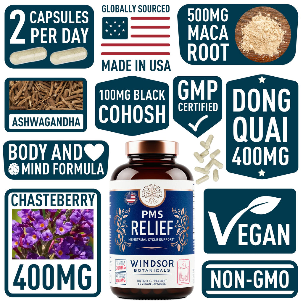 PMS Support Supplement for Women with Chasteberry, Maca Root, Ashwagandha - Period Relief, Bloating Relief for Women, Mood Support, Hormone Balance Herbal Supplements - 30 Day, 60 Vegan Capsules