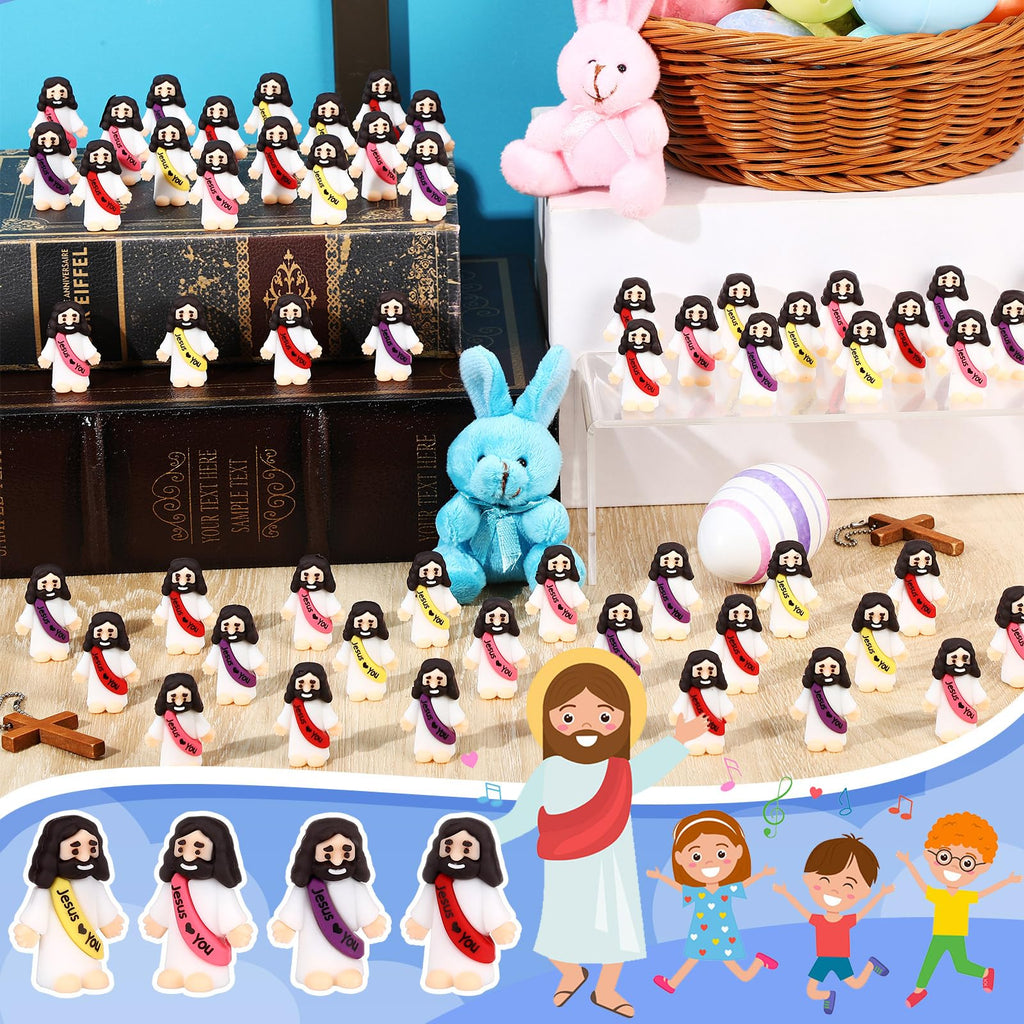 Bememo 100 Pcs Little Jesus Figures Jesus Loves You Original Design Rubber Pocket Toys Little Figures to Hide and Seek Sunday School Religious Party Share Gifts(Bright Colors)