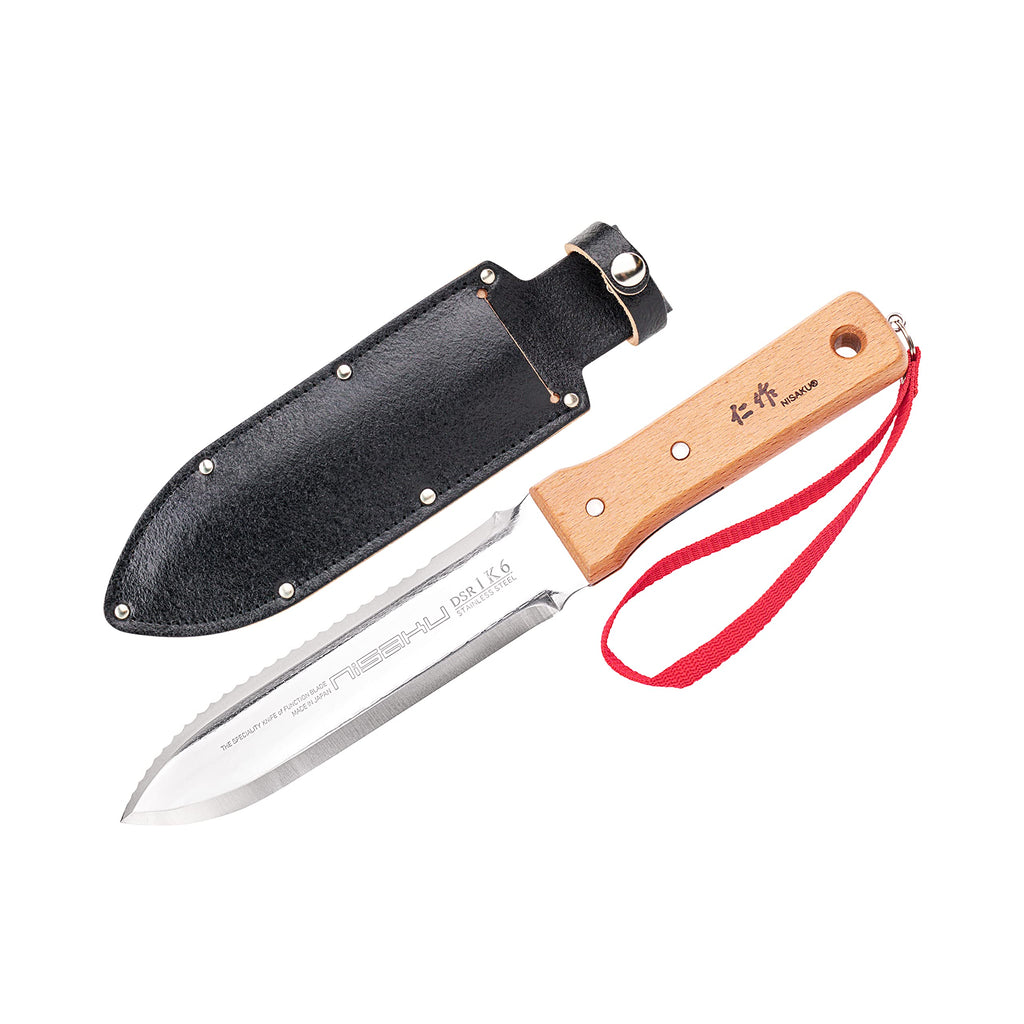 Nisaku NJP651 Hori Weeding & Digging Knife-Hardened HRC58 Edition, Authentic Tomita (Est. 1960) Japanese Stainless Steel, 7.25" Blade, Wood Handle, w/Premium Leather Sheath