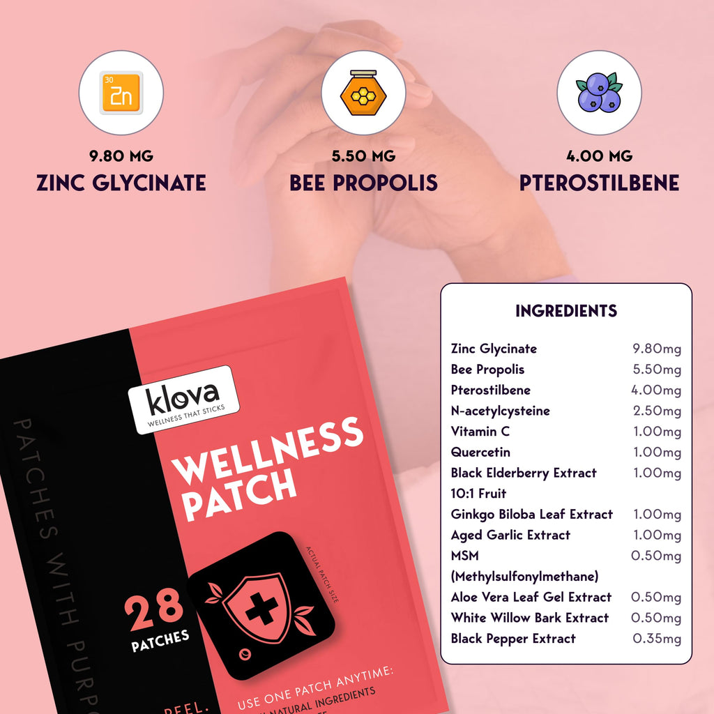 Klova Wellness Patches for Immune Support & Daily Wellness | 24-Hour Immune Support | Calm Patch for Adults with Zinc, Bee Propolis & Pterostilbene