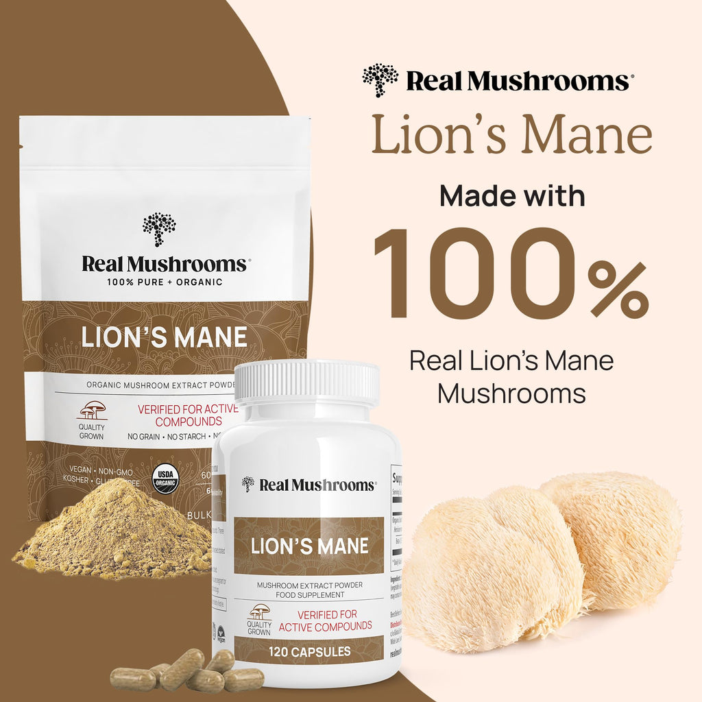 Real Mushrooms Lion’s Mane Capsules - Organic Lions Mane Mushroom Extract for Cognitive Function & Immune Support - Brain Supplements for Memory and Focus - Vegan Mushroom Supplement, 300 Caps