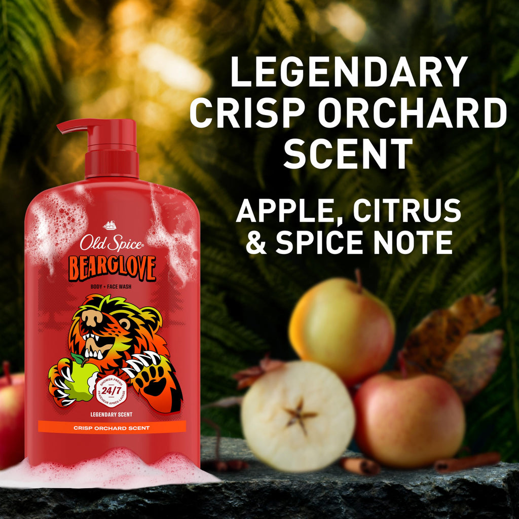 Old Spice Cleansing Body Wash for Men, 3X Defense, 24/7 Shower Fresh with Lasting Scent, 2-in-1 Body & Face Wash, Bearglove with Crisp Orchard Scent, 33.4 (Pack of 4)