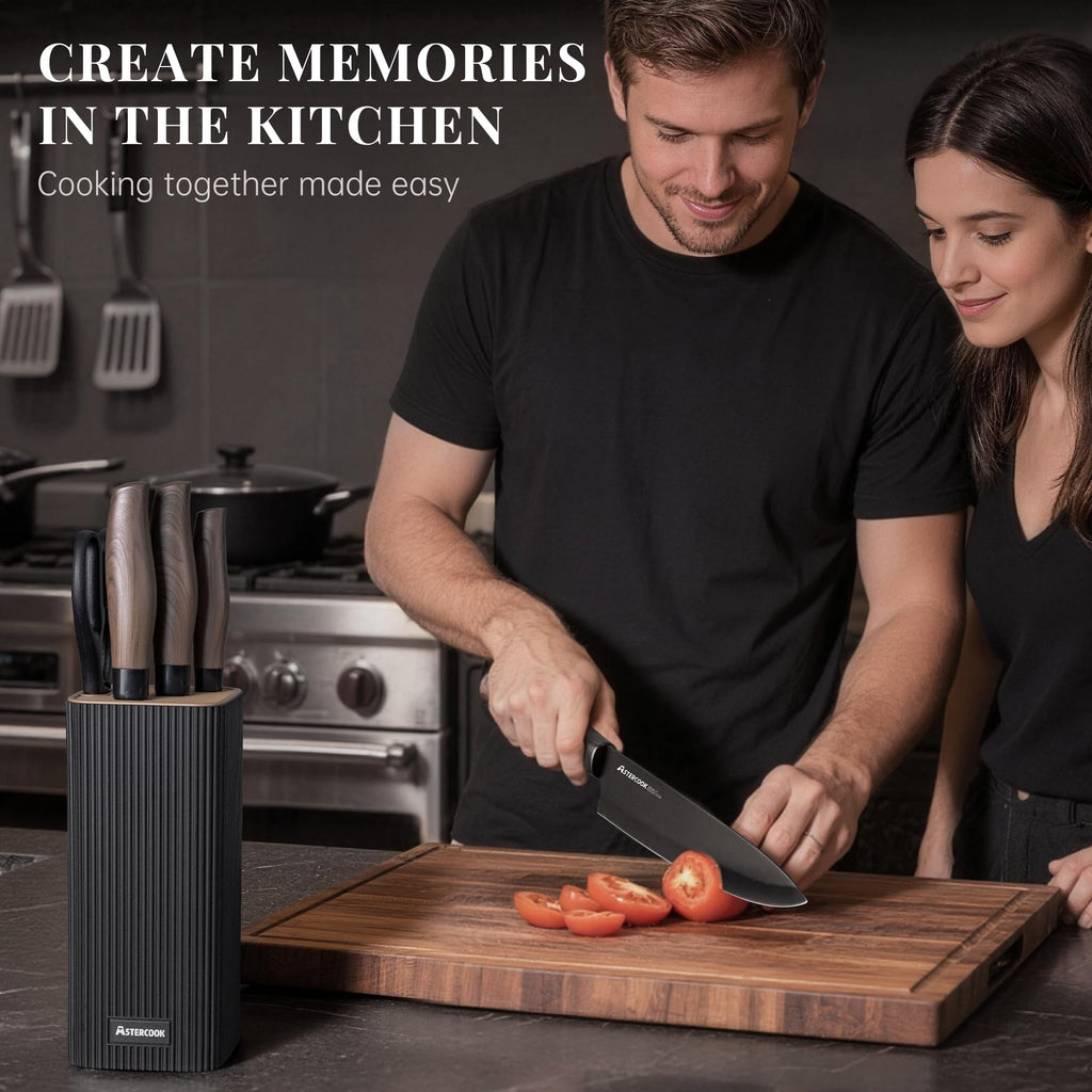 Astercook Knife Set, 6-Piece Kitchen Knife Set with Block, High Carbon Stainless Steel Ultra Sharp Kitchen Knives, Wood Grain Handle, Dishwasher Safe Knife Block Set, Black, Kitchen Utility Knives