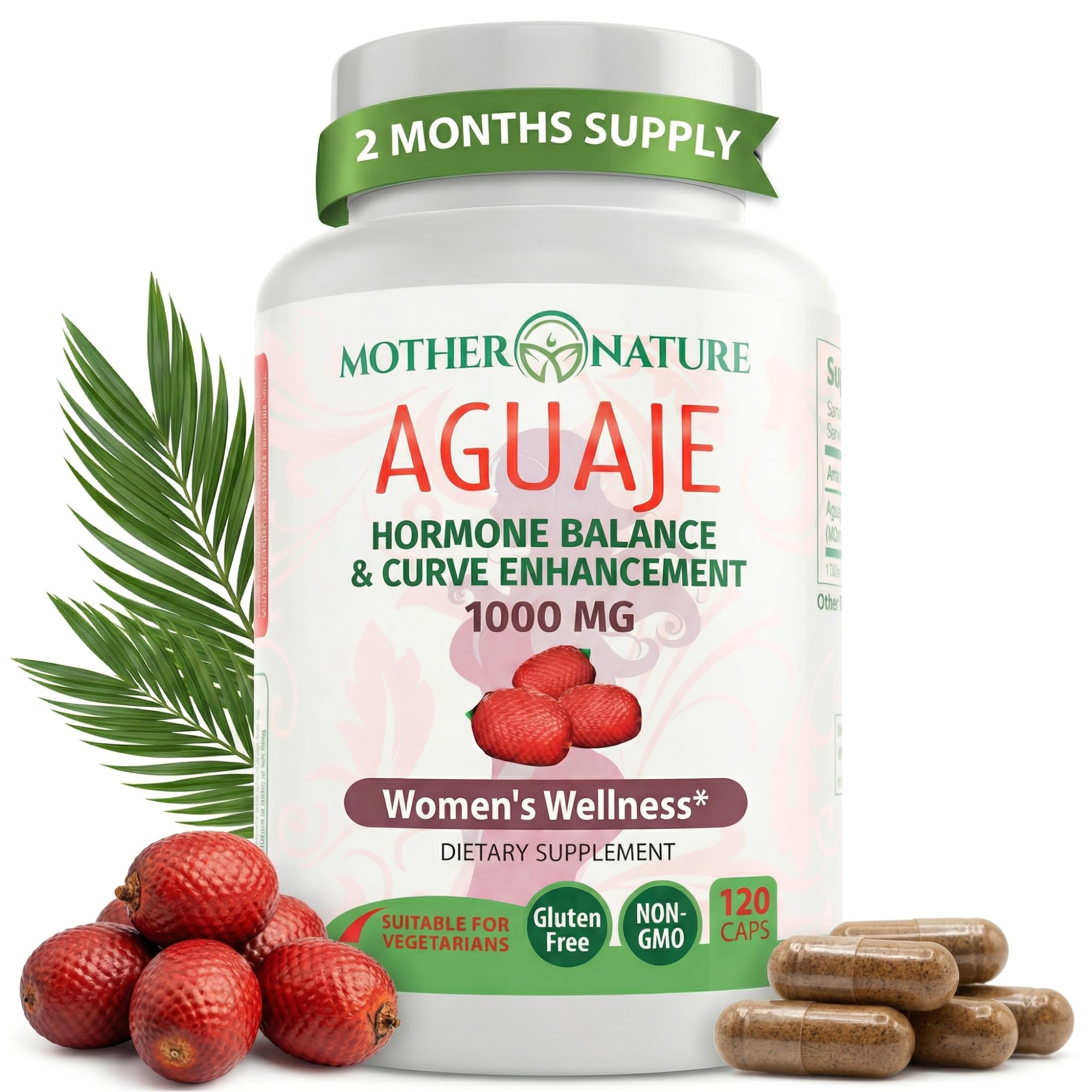 Mother Nature Aguaje Curves Capsules for Women, 1000mg (120ct), Natural & Sustainably Sourced Aguaje Fruit from Peru for Female Health, Hormone Balance, Curve Enhancer, Vegan, Non-GMO & Gluten-Free