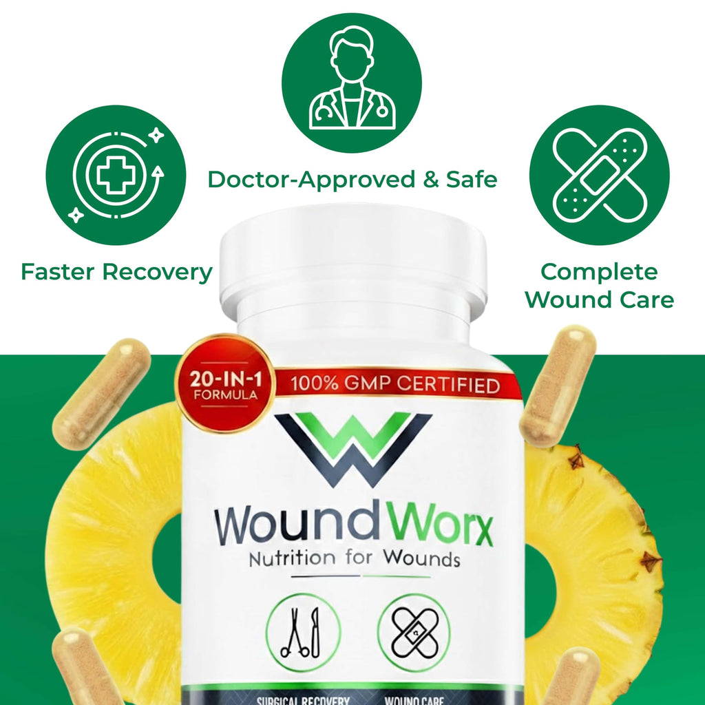 Free Life Labs WoundWorx Nutrition-Scar and Surgery Support, Wound Care, General and Plastic Surgery, Healing Support, Amino Acids, Collagen, Probiotics, Turmeric, Bromelain-90 caps