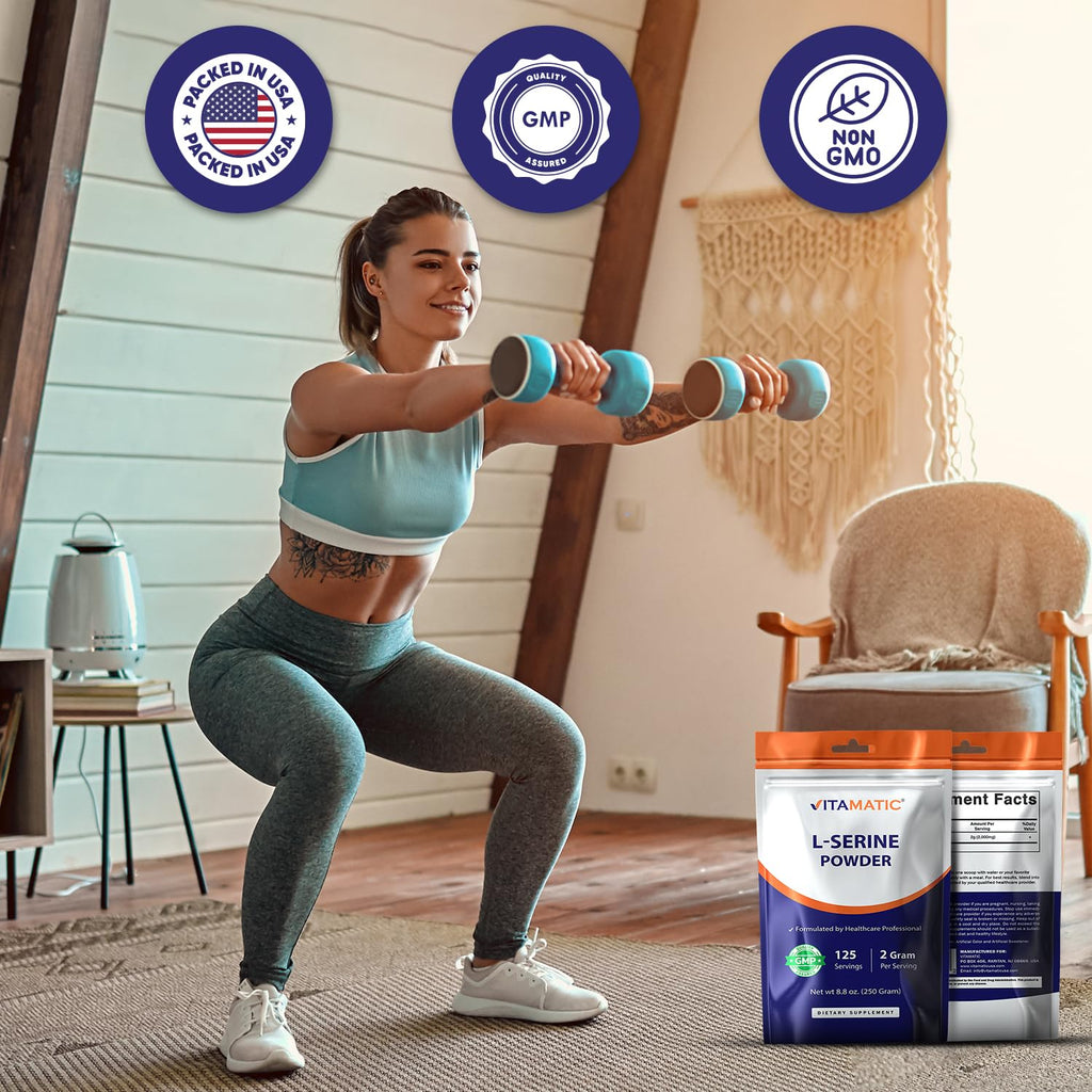 Vitamatic L-Serine Pure Powder 250 Gram | 2000 mg per Serving | 125 Servings | Unflavored | No Additives | Free of Soy, Eggs, Fish & Artificial Ingredients