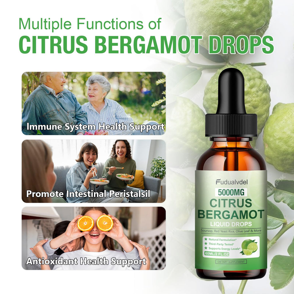 1 Pack 5000mg Citrus Bergamot Liquid Drops,Reduce Triglycerides Bergamot Supplement for High Cholesterol, Immune Support for Anti Aging,Antioxidant,Lime Bitter,Natural Olive Leaf Extract,2 Fl Oz