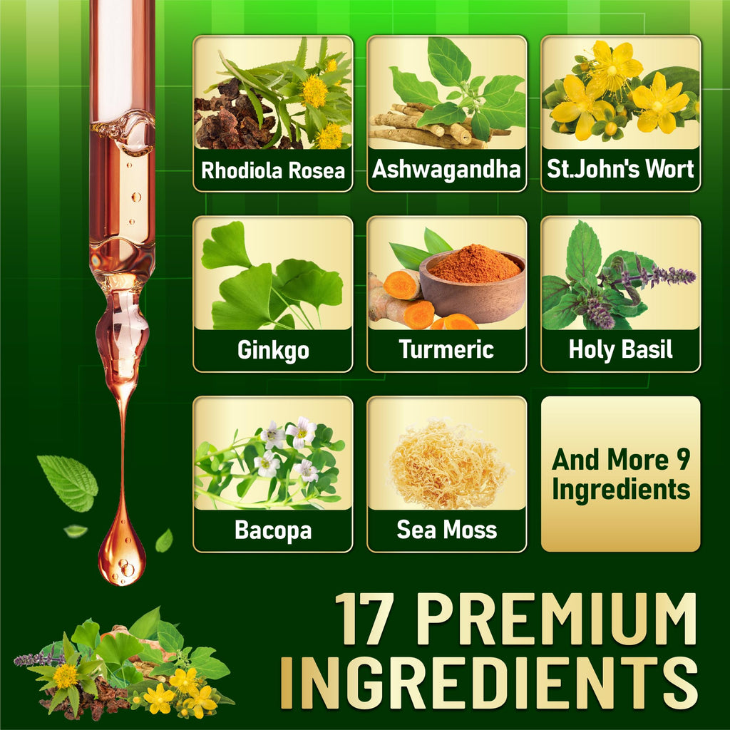 17in1 Rhodiola Rosea Liquid Supplement with Ashwagandha, Magnesium Glycine, L-Theanine, Vitamin C, Vitamin D3, Vitamin K2, Ginkgo, Turmeric, Holy Basil and More - 1 FL Oz - 60 Day Supply