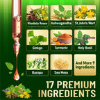 17in1 Rhodiola Rosea Liquid Supplement with Ashwagandha, Magnesium Glycine, L-Theanine, Vitamin C, Vitamin D3, Vitamin K2, Ginkgo, Turmeric, Holy Basil and More - 1 FL Oz - 60 Day Supply