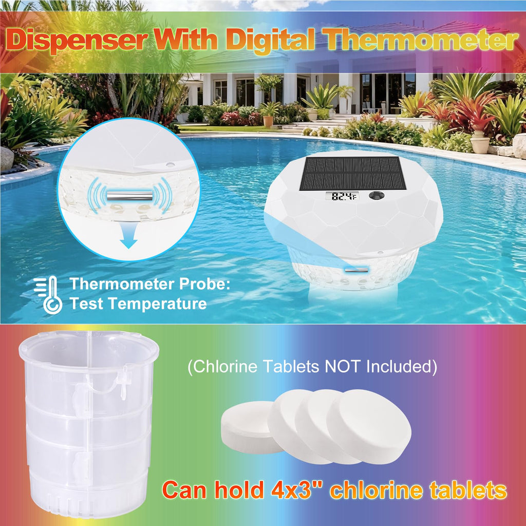 Solar Powered Pool Chlorine Floater with Digital Thermometer & LED Light, Floating Chlorine Dispenser for 3” Chlorine Tablets (Tablets Not Included), Pool Thermometer for Inground & Above Ground Pools