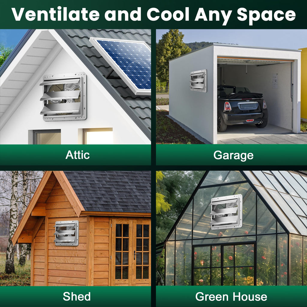 ecoCalm Solar Exhaust Fan 12“ for Greenhouse with Smart Thermostat, Battery