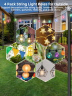 LRYXEG String Light Poles for Outside 4 Pack, 10ft Metal Outdoor String Light Poles for Deck - Ideal for Patio, Garden, Yard, Front Porch Decorations, Black