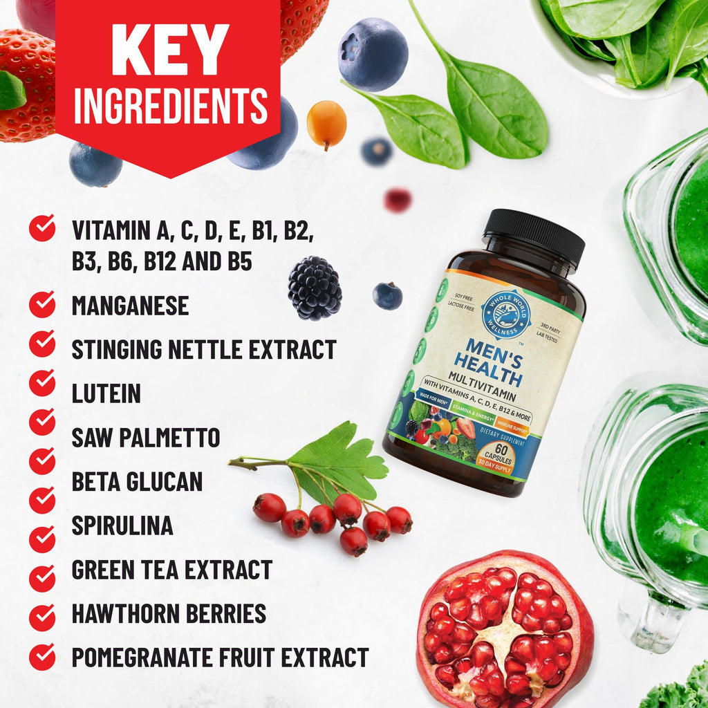 Whole World Wellness Mens Daily Multivitamin Multimineral Supplement for Energy, Focus, Stamina & Performance. Made for Men with 30+ Nutrients, Fruit & Energy Blend. Mens Vitamins, Made in The USA.
