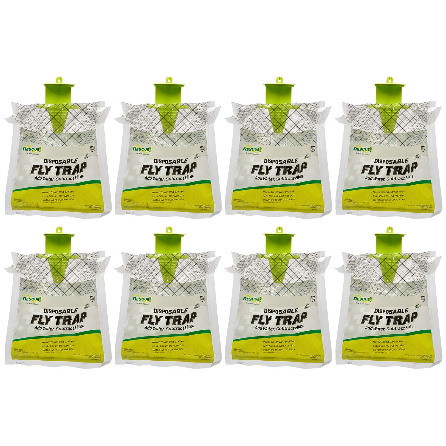 RESCUE! Outdoor Disposable Fly Trap – Hanging Fly Catcher with Attractant Bait, Fly Bag for Patio, Yard, Trash & Farm Areas – Easy-to-Use Outdoor Fly Control - 8 Traps