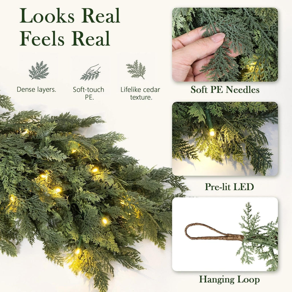 Pre-Lit Christmas Garland 9FT Decorations Real Touch Cedar Cypress Pine Greenery Artificial Green Christmas Garland with Lights for Mantle, Fireplace, Table, Stairs, Door, Indoor Outdoor Decorations